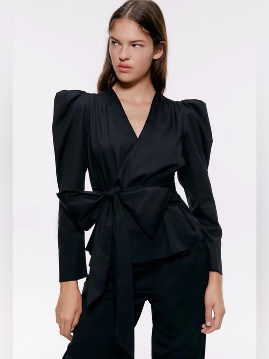 Zara Tops - Zara Black Structured Bow Peplum Top Puff Sleeve Deep V Blouse Dressy | Size S